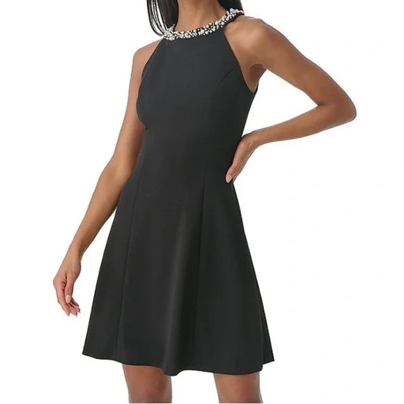 Karl Lagerfeld Paris Black Halter Cocktail Dress with Pearl Neckline NWT - Picture 3 of 5